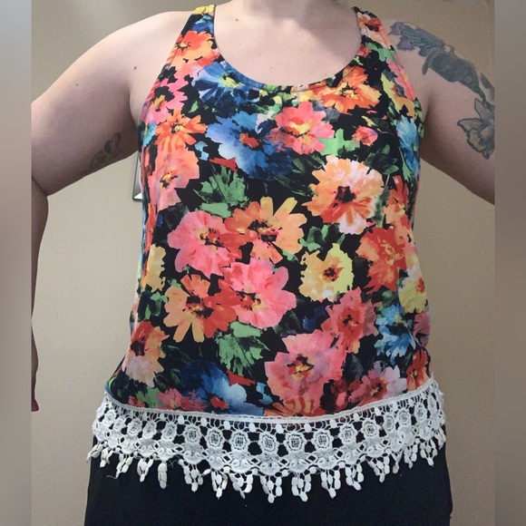 LOVE CULTURE bright neon colourful vintage boho floral crochet trim tank top - Picture 5 of 13
